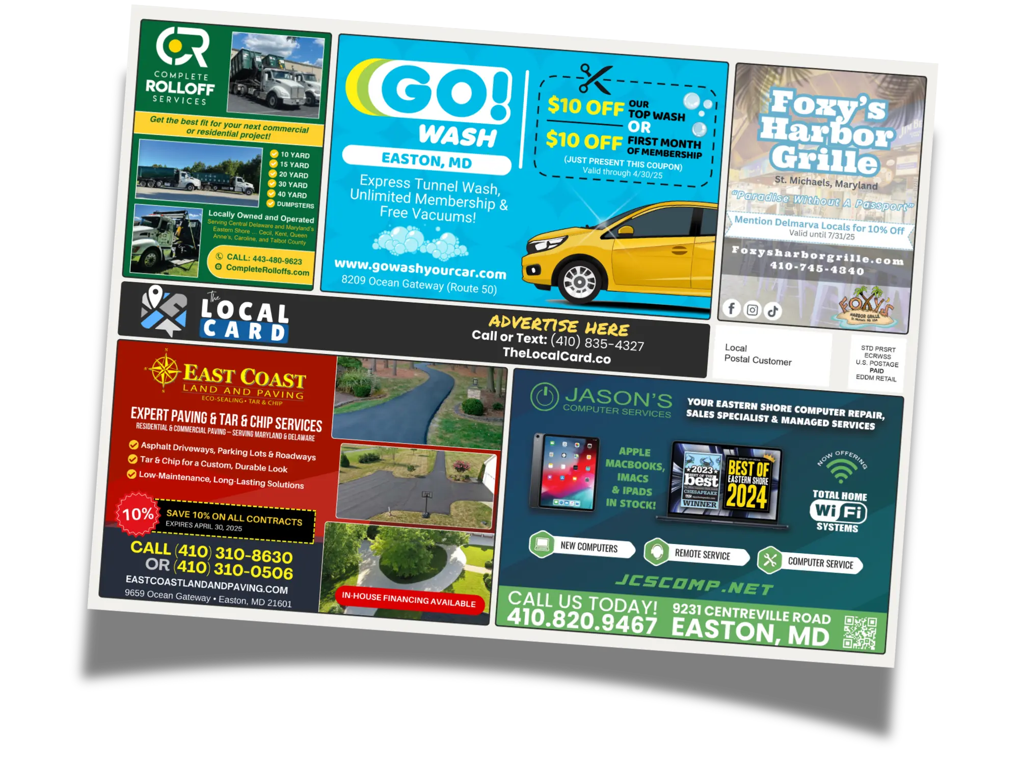 The Local Card community postcard — front side, showing local business ads mailed to households