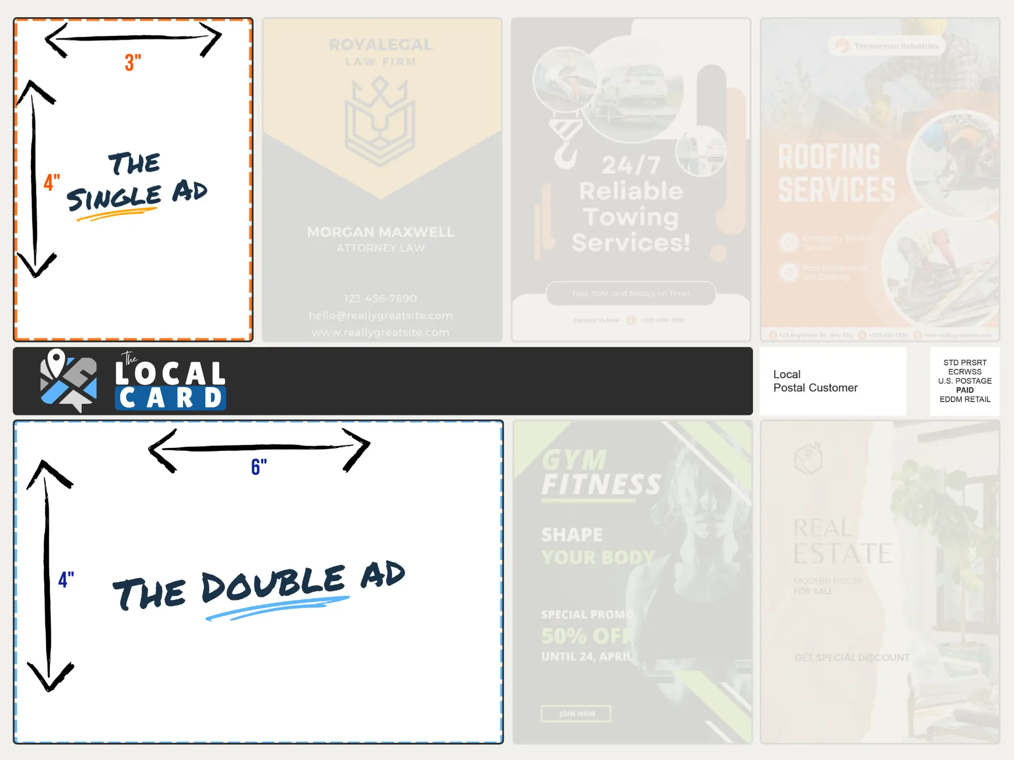 Sizing guide comparing the single ad spot (3 by 4 inches), the double ad spot (6 by 4 inches), and the mega ad spot (6 by 8 inches)